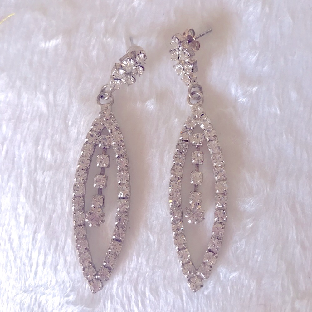 Rhinestones Diamond Shape Silver Earrings Good Condition